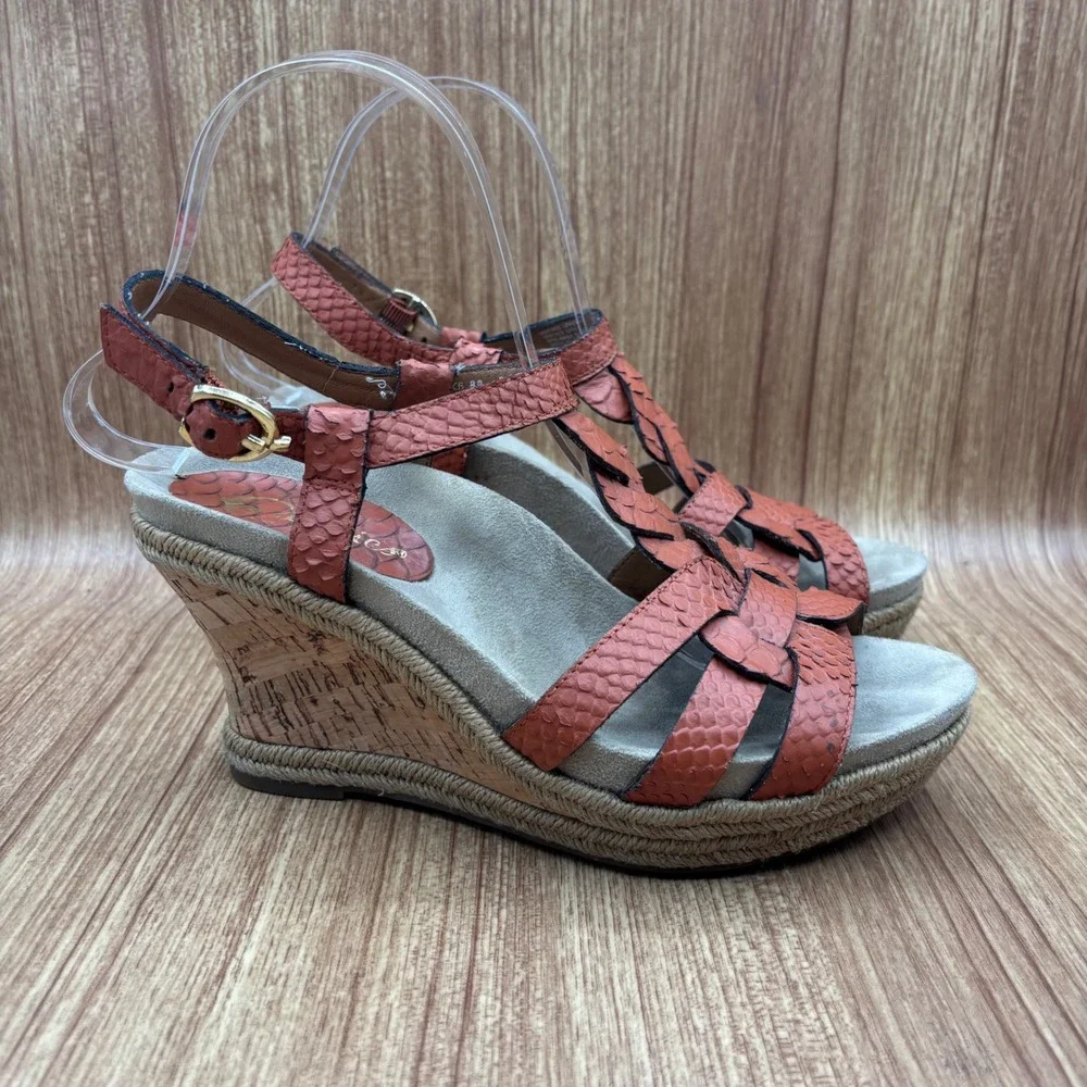 Earthie‎ Corsica Wedge Sandals Womens 8B Spice Orange Leather Snakeskin Braided